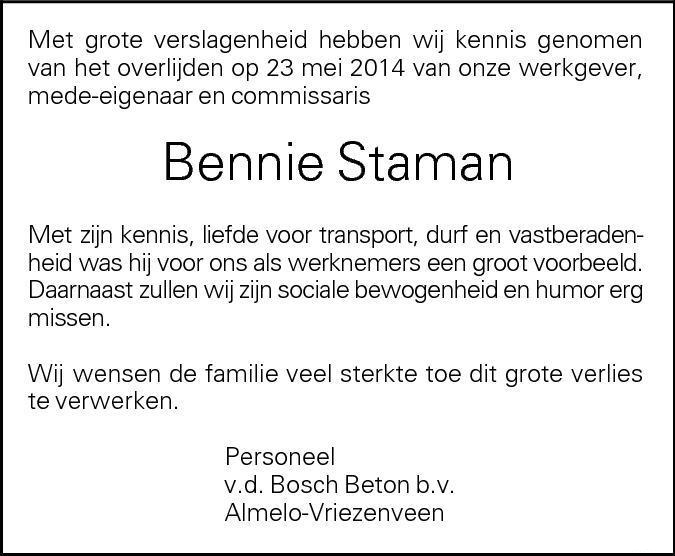 Bennie Staman overleden